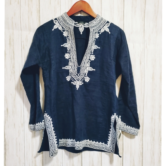J. Crew Tops - J. Crew Navy blue, tunic, white embroidered